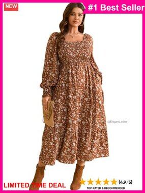 Plus Size Boho Floral Maxi Dress Smocked Long Sleeve A-Line